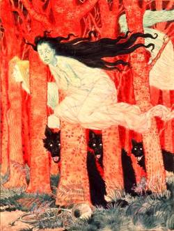 Trois femmes et trois loups de Eugène Grasset - © http://fr.wikipedia.org/wiki/Sorcier#mediaviewer/File:Trois_femmes_et_trois_loups.jpg